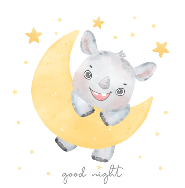 可爱的水彩婴儿犀牛挂在月牙相月亮在天空野生动物保育艺术手绘图片下载