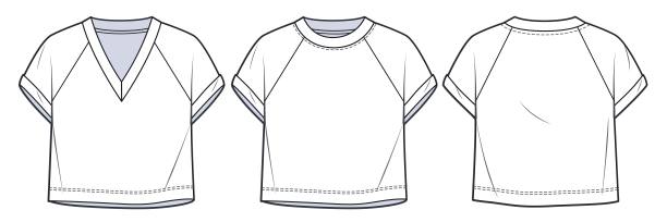 拉格兰裁剪t恤时装平技术图纸模板。男女通用Crop t恤，Crop Top时尚CAD模型，raglan短袖，overfit，前面，背面视图，白色，设置。图片下载
