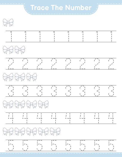 跟踪号码。使用Ribbon跟踪编号。教育儿童游戏，可打印的工作表，矢量插图图片下载