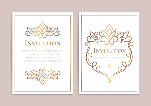 白色的邀请卡与豪华的金色图案设计在一个粉红色的背景。古董装饰模板。可用于传单，墙纸，包装或任何理想的想法。优雅的向量元素。图片下载