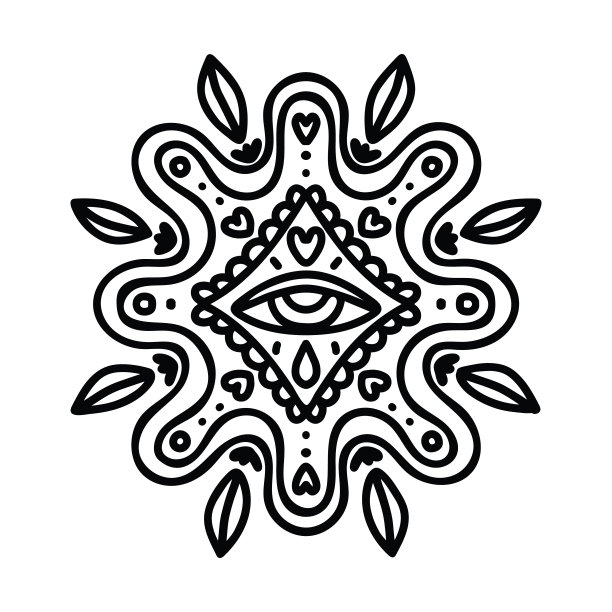 线条艺术曼荼罗与破烂的效果。一个被树叶和心包围的眼睛的神秘插图。矢量手绘轮廓图在90年代，2000年代风格。图片下载