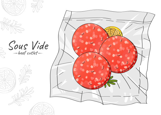 用白色背景画出真空袋中的牛肉汉堡肉片图片下载