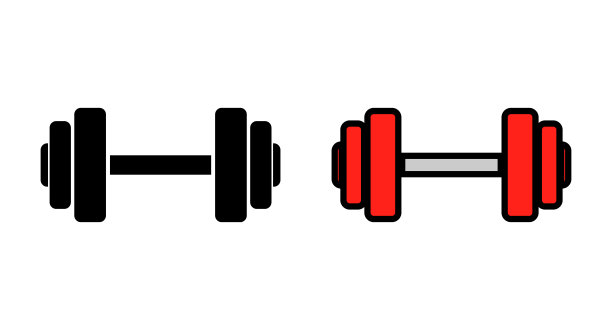 黑色和红色哑铃图标设置。肌肉训练。向量。图片下载
