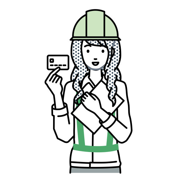 一个在建筑工地工作的女人拿着一张信用卡和一台文件笔记本电脑图片下载