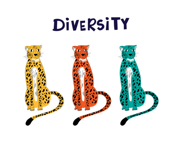 多样性概念与彩色豹子。手绘插图。图片下载