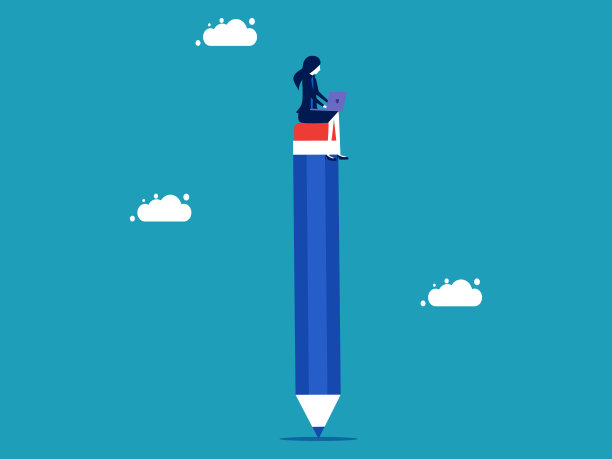 业务学习。坐在铅笔上的女商人。矢量图图片下载