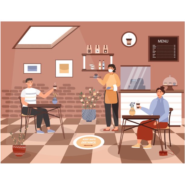 冠状病毒期间，人们在餐厅戴着口罩图片下载