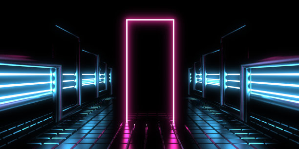 3D抽象背景与霓虹灯。霓虹灯隧道。空间建设。3d插图图片下载