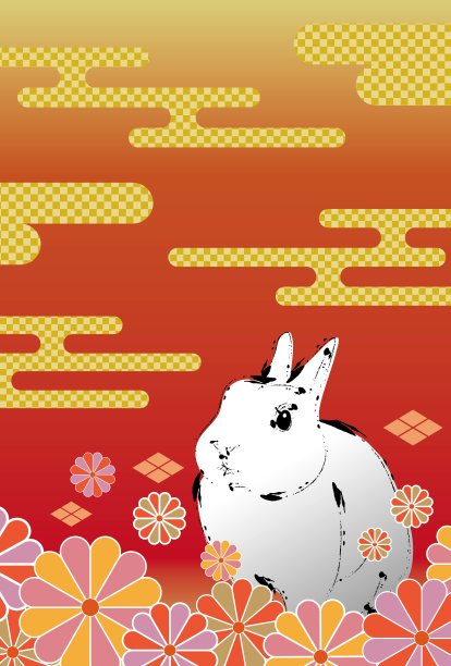 贺岁卡插图，手绘兔子，红色日式渐变/插图材料(矢量插图)图片下载