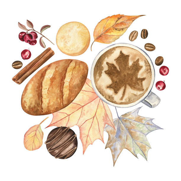 秋天的静物，面包，咖啡，枫叶，饼干和浆果。水彩画孤立在白色图片下载