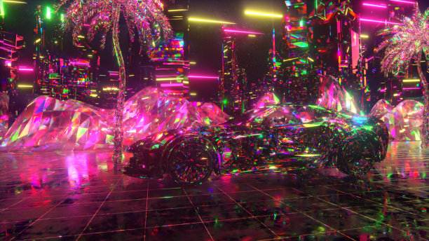 霓虹钻石风格的汽车和城市。80年代复古波背景3d动画。复古的未来主义汽车驶过霓虹城市。图片下载