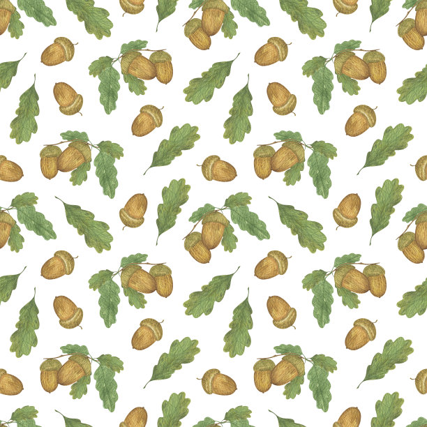 绿色橡树树叶，橡果无缝图案水彩插图，季节性重复装饰纺织品，礼品包装纸，象征秋天，感恩节节日装饰图片下载