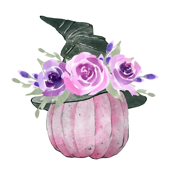 古董万圣节快乐。粉红南瓜配黑帽子，淡紫色和粉色的优雅花朵组合。图片下载