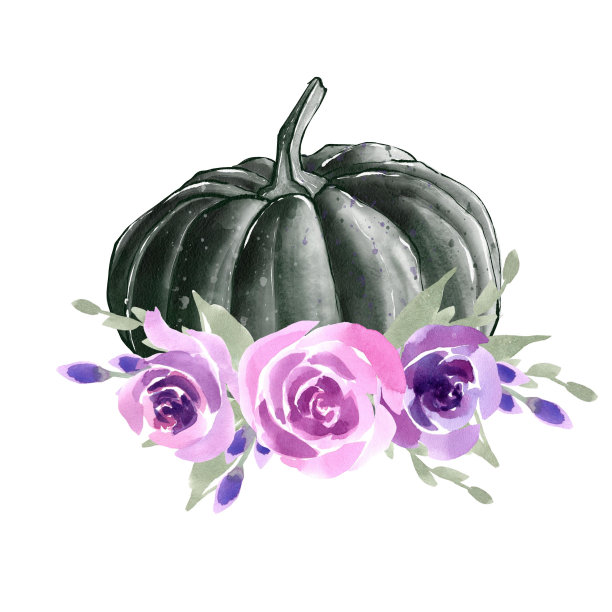 古董万圣节快乐。黑色南瓜配以淡紫色和粉色的优雅花朵组合图片下载