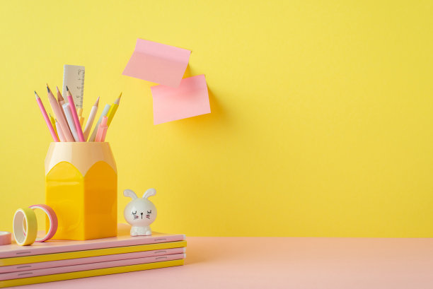 回到学校概念。照片的学校配件堆叠字帖代表彩色铅笔兔子形状的卷笔刀胶带和便签纸附着在黄色的墙壁上图片下载