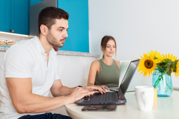 年轻的专业夫妇坐在家里的桌子上，看着电脑，在家工作图片下载