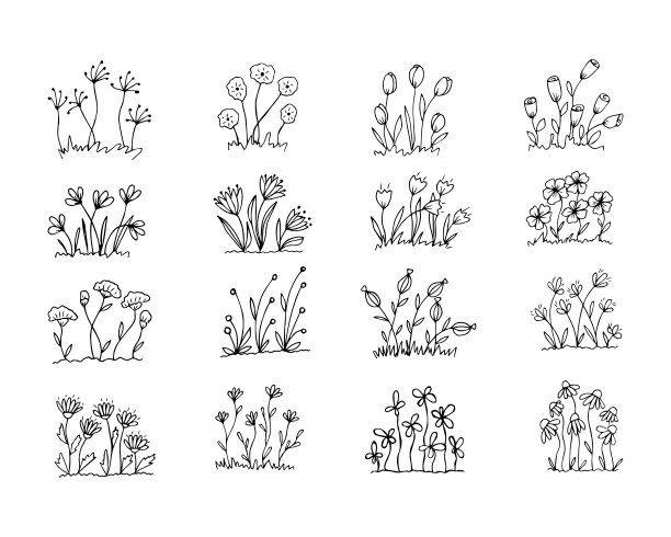 一套手绘花坛与花卉在涂鸦风格图片下载