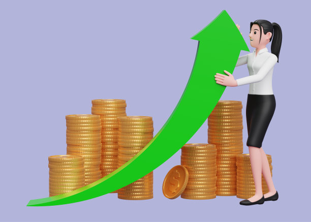 商务女性在白色衬衫和黑色裙子偏转绿色箭头向上与金币堆装饰图片下载