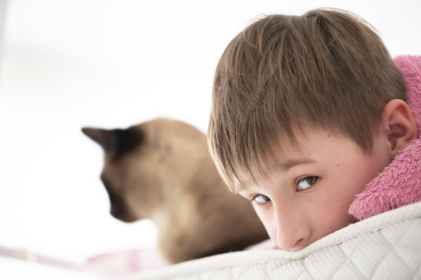 一个和猫躺在一起的小男孩悲伤的脸特写。无聊的孩子。图片下载