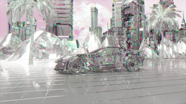 未来的概念。钻石跑车驶过钻石城。路。旅行。3 d演示图片下载