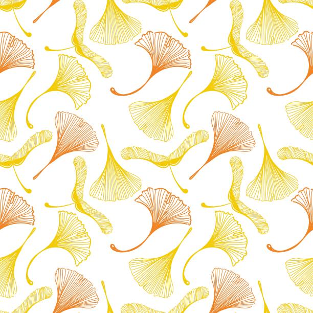 银杏叶和枫叶的无缝图案，以粗略的风格。橙色的叶子在b的背景上。鸭子脚形状的叶子。秋天。神秘的叶骨架。图片下载