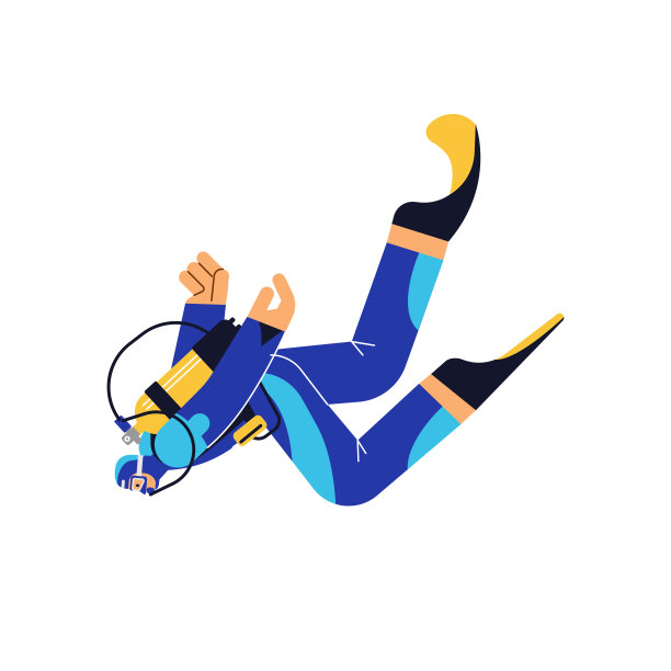 水肺潜水员游泳到海底或海，平面矢量插图孤立在白色。图片下载