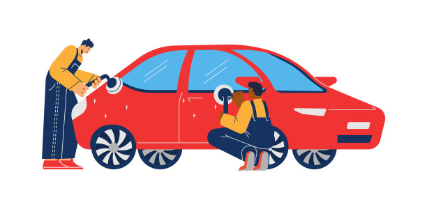 汽车修理厂工人抛光一辆车，平面矢量插图孤立。图片下载