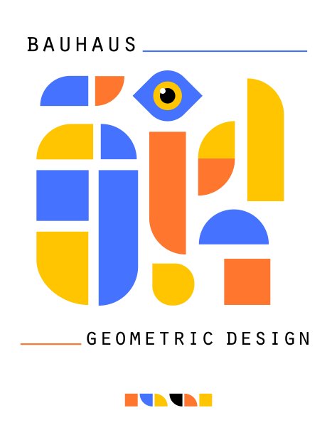 flye包豪斯风格。杂志杂志专辑封面与抽象几何二维形状和眼睛。横幅模板与一组简单的彩色形式。矢量卡插图在白色背景。图片下载