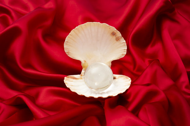 水晶球藏在一个打开的贝壳里，在红色缎子的波浪上。图片下载