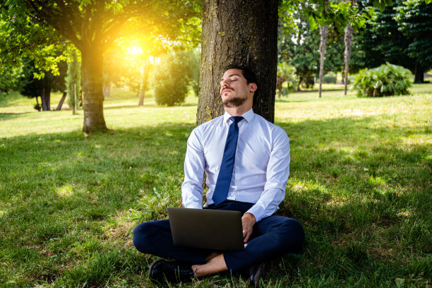 成功的年轻商人在公园里使用电脑。图片下载
