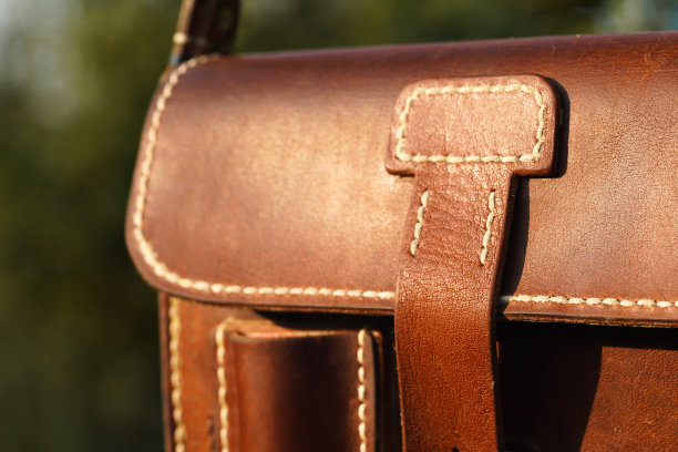 一个小的复古皮革包手提包的情况下，复古金属扣件与存储隔间肩带腰带猎人设备侦察器具医生老师学生侧面看法正面细节图片下载
