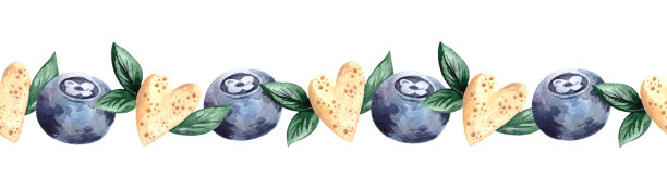 水彩无缝边界蓝莓和米色心和叶子在白色背景图片下载