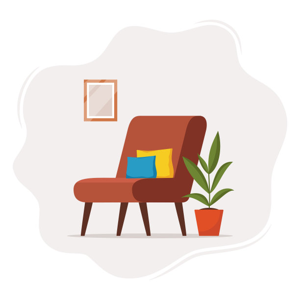 可爱的内部与现代扶手椅，枕头，植物，壁画。舒适的房间设计。客厅内。矢量平面样式插图。图片下载