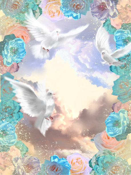 美丽的蓝天和粉彩云彩背景和白鸽在闪耀的天光背景插图飞行。图片下载