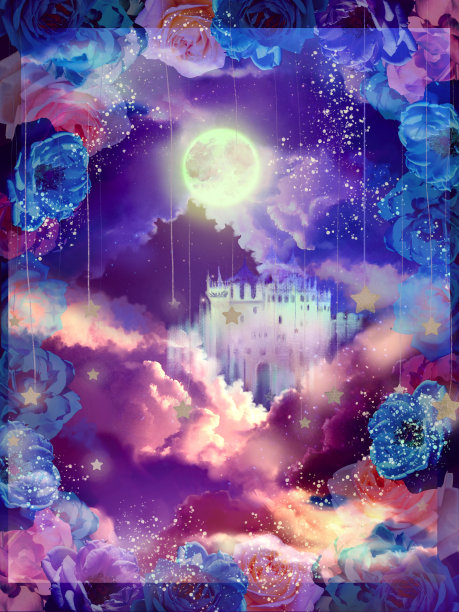 少女风景画梦幻可爱的星星在一片彩虹色的云海和一帧玫瑰。图片下载