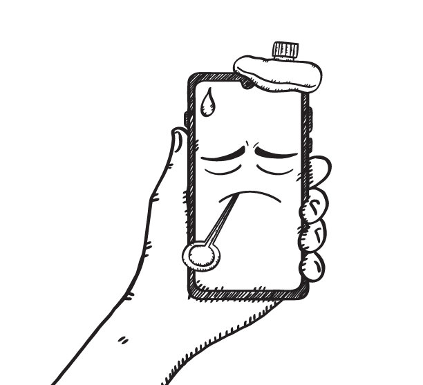 黑色和白色的涂鸦插图手持生病的手机与温度计和悲伤的脸在屏幕上。图片下载