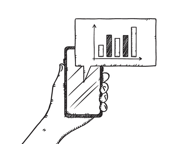 手绘风格的手持手机插图与柱状图财务增长分析图片下载