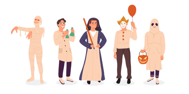 万圣节派对活动木乃伊，小丑和鬼卡通人物。人们穿着化妆舞会服装，幽灵节日派对服装平面插图设置。不给糖就捣蛋的化装舞会图片下载