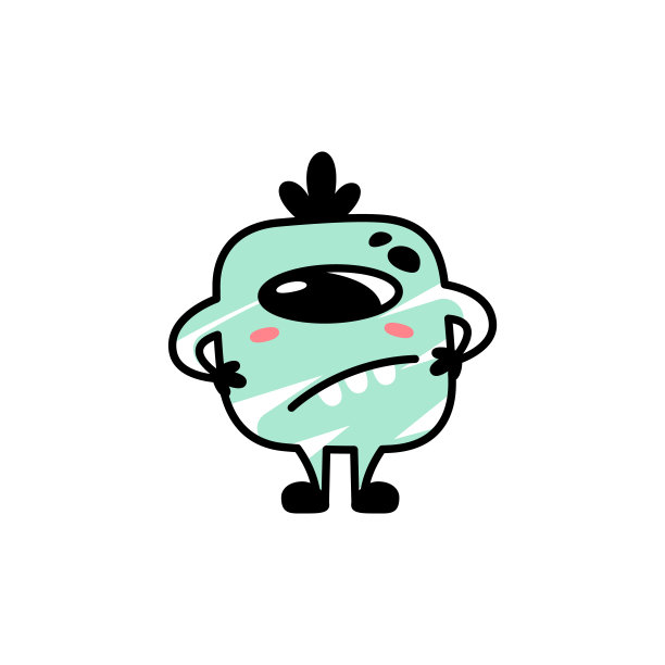 有趣的卡通蓝色怪物与可疑的表情。虚构的儿童角色。可爱的外星图标涂鸦风格。品牌吉祥物。一个很酷的儿童产品印刷图片下载