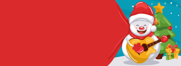 圣诞快乐的背景与圣诞老人雪人弹吉他的雪，圣诞树和礼品盒。有文字空间的圣诞横幅图片下载