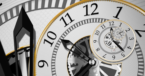 超现实的时钟与暴露的齿轮，白色背景与灰色的图案和金色的边缘不断重复一个在另一个。三维演示图片下载