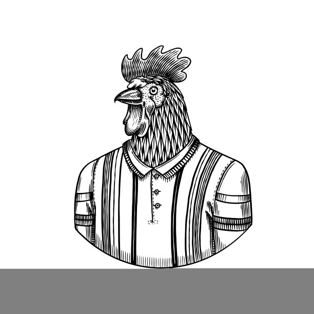 穿着运动t恤的公鸡角色。网球运动员。时尚的运动员,运动员。手绘时尚小公鸡。刻着古老的单色素描。图片下载