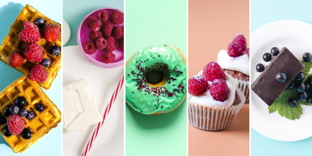 一组彩色甜点的图片。鲜艳的甜甜圈、冰淇淋、华夫饼、纸杯蛋糕和彩色背景的halva糖果拼贴画图片下载
