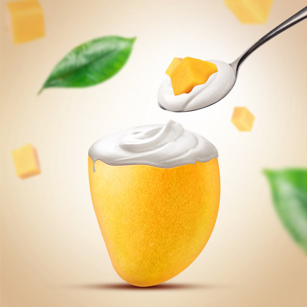 芒果酸奶广告，一勺奶油芒果酸奶孤立创意海报，3d插画芒果天然广告图片下载