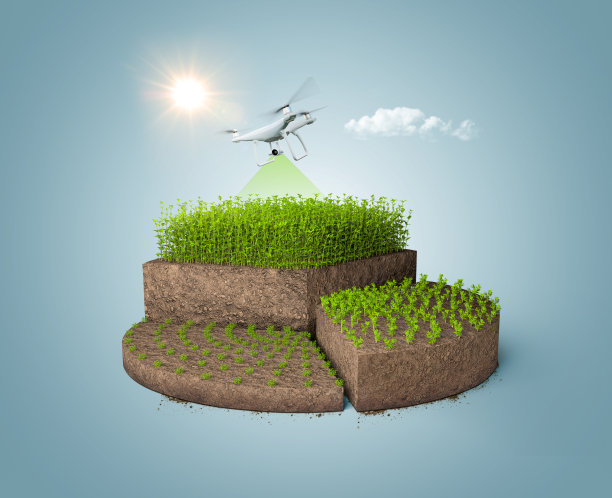 3d插图的泥饼图孤立的无人机在蓝色背景。数字农业创意概念。图片下载