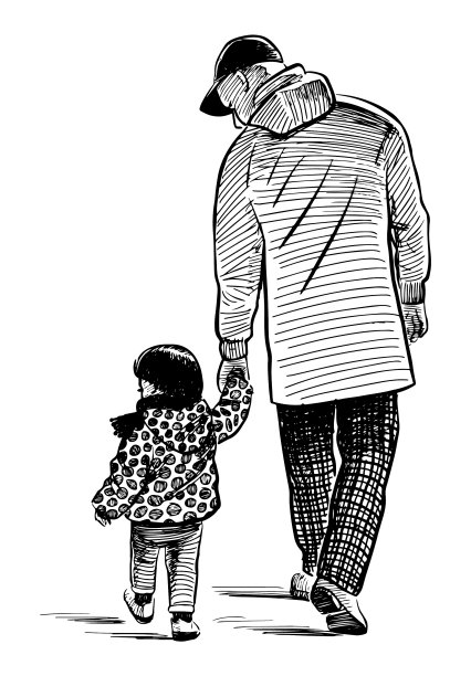 手绘父亲带着孩子在户外散步图片下载