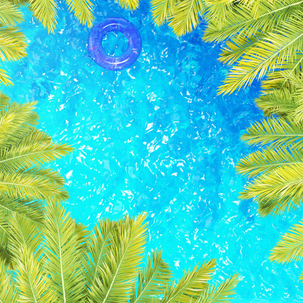 俯瞰棕榈树和水与充气游泳圈。旅游休闲的概念。空间的文本。三维渲染图片下载