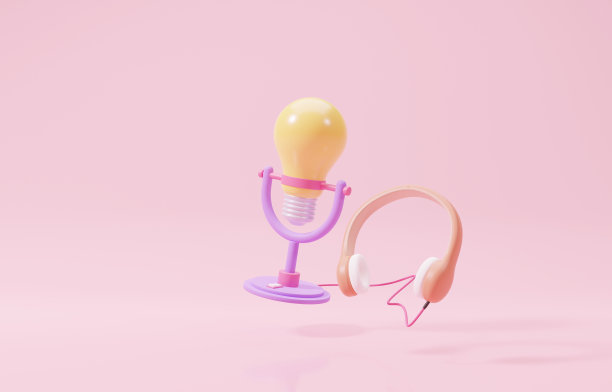 耳机连接到想法灯泡播客，动机和灵感播客，学习或发现新事物的概念，3d渲染插图。图片下载