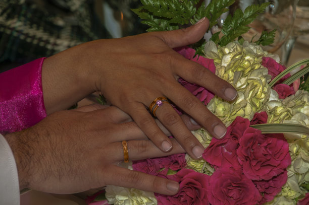 新娘和新郎的手露出他们的戒指图片下载