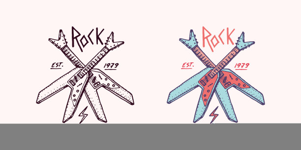 带拉链徽章的电吉他。摇滚音乐标志。重金属模板设计t恤，夜派对和节日。手绘雕刻古董素描。图片下载